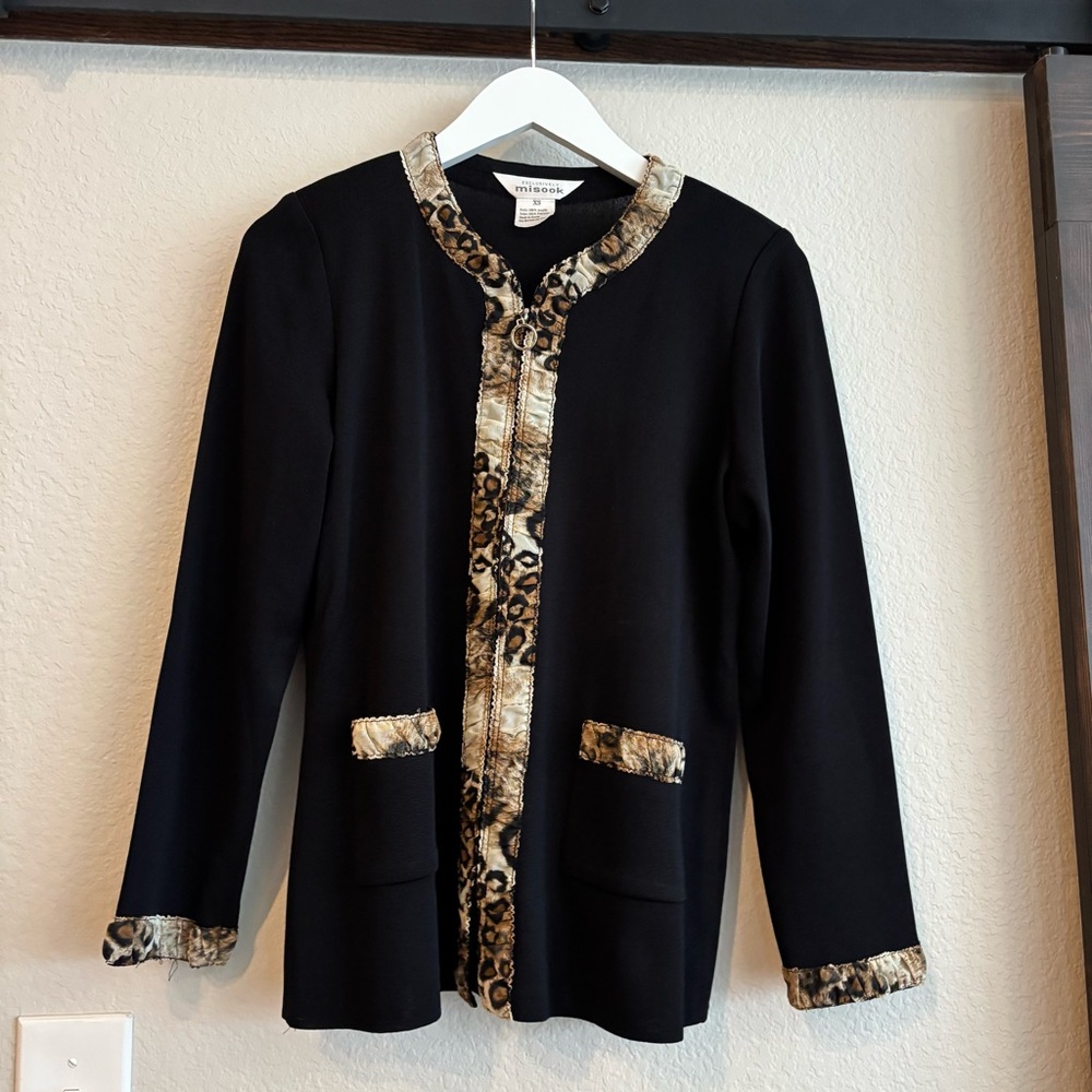 Exclusively Misook Black Knit Blazer with Animal Print Trim XS